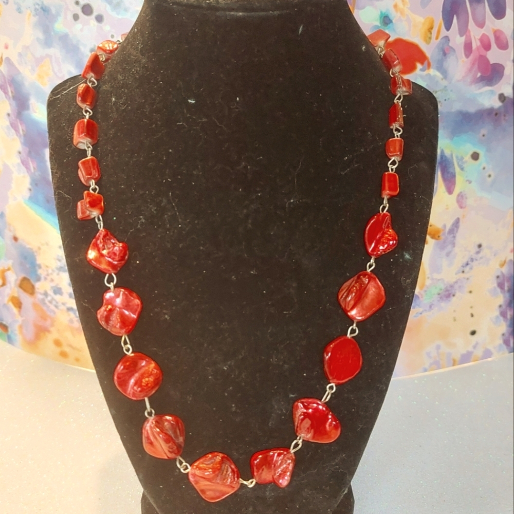 Vintage 20" Dyed Red Mother of Pearl Shell Station Link Necklace